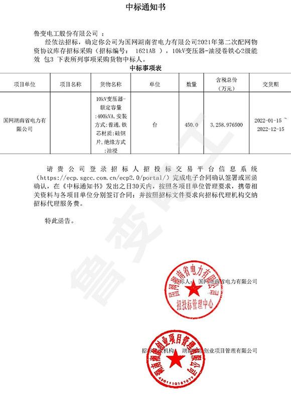 国网湖南省电力有限公司中标通知书